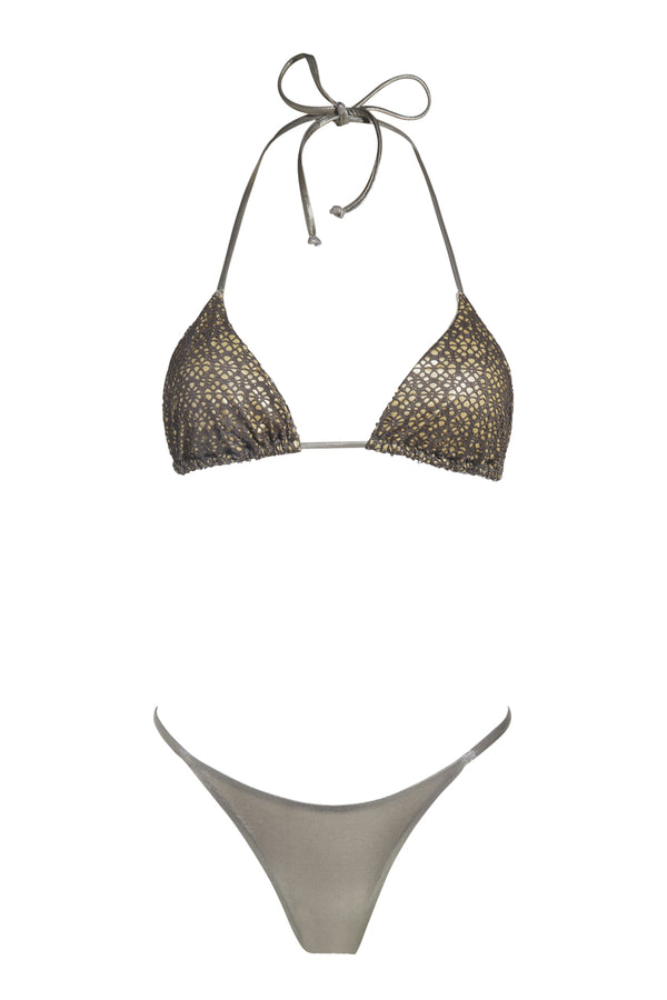 Bikini con triangolo scorrevole tessuto satinato color torba